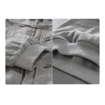 Buddha Stones Ribbed Hem Design Hoodie Long Sleeve Men's Cotton Linen Jacket Shirt With Pockets