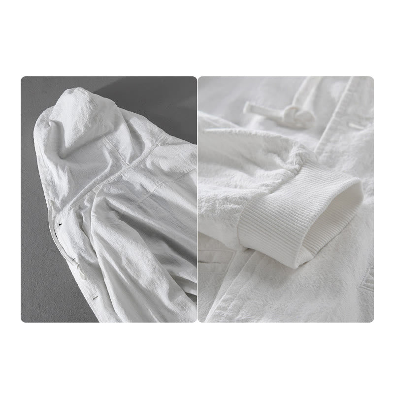 Buddha Stones Ribbed Hem Design Hoodie Long Sleeve Men's Cotton Linen Jacket Shirt With Pockets