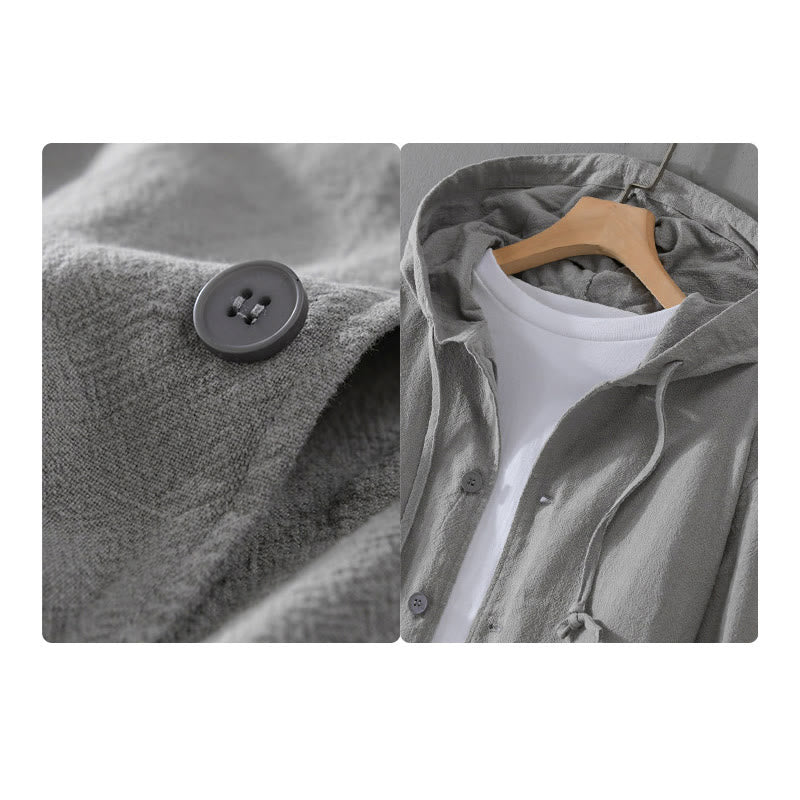 Buddha Stones Ribbed Hem Design Hoodie Long Sleeve Men's Cotton Linen Jacket Shirt With Pockets
