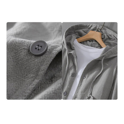 Buddha Stones Ribbed Hem Design Hoodie Long Sleeve Men's Cotton Linen Jacket Shirt With Pockets