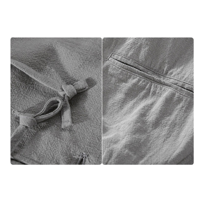 Buddha Stones Ribbed Hem Design Hoodie Long Sleeve Men's Cotton Linen Jacket Shirt With Pockets