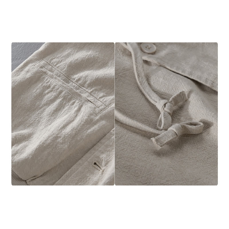 Buddha Stones Ribbed Hem Design Hoodie Long Sleeve Men's Cotton Linen Jacket Shirt With Pockets