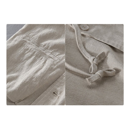 Buddha Stones Ribbed Hem Design Hoodie Long Sleeve Men's Cotton Linen Jacket Shirt With Pockets