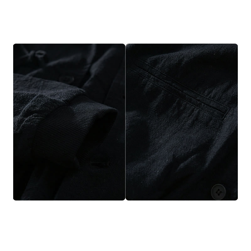 Buddha Stones Ribbed Hem Design Hoodie Long Sleeve Men's Cotton Linen Jacket Shirt With Pockets