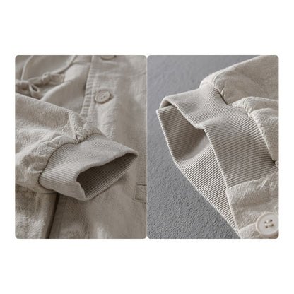 Buddha Stones Ribbed Hem Design Hoodie Long Sleeve Men's Cotton Linen Jacket Shirt With Pockets
