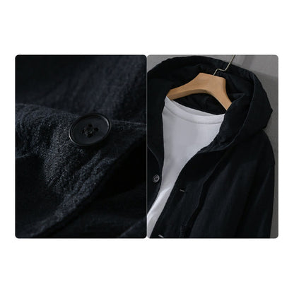 Buddha Stones Ribbed Hem Design Hoodie Long Sleeve Men's Cotton Linen Jacket Shirt With Pockets