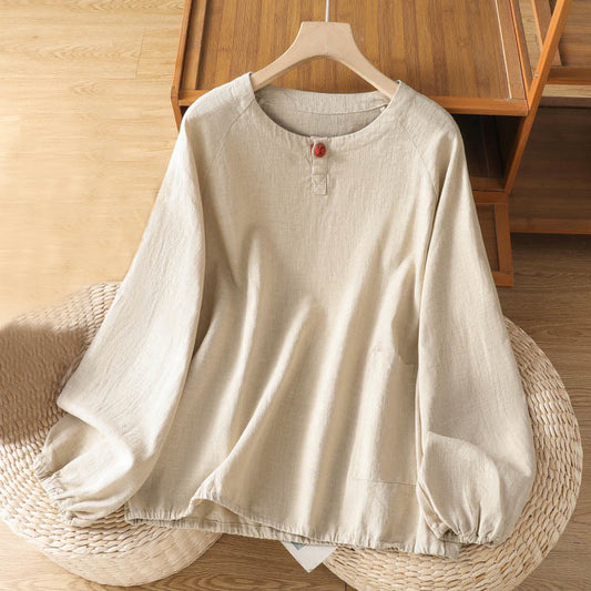 Buddha Stones Casual Plain Long Sleeve Cotton Polyester Women's Shirt
