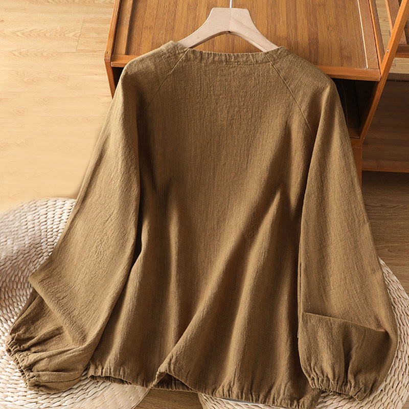 Buddha Stones Casual Plain Long Sleeve Cotton Polyester Women's Shirt