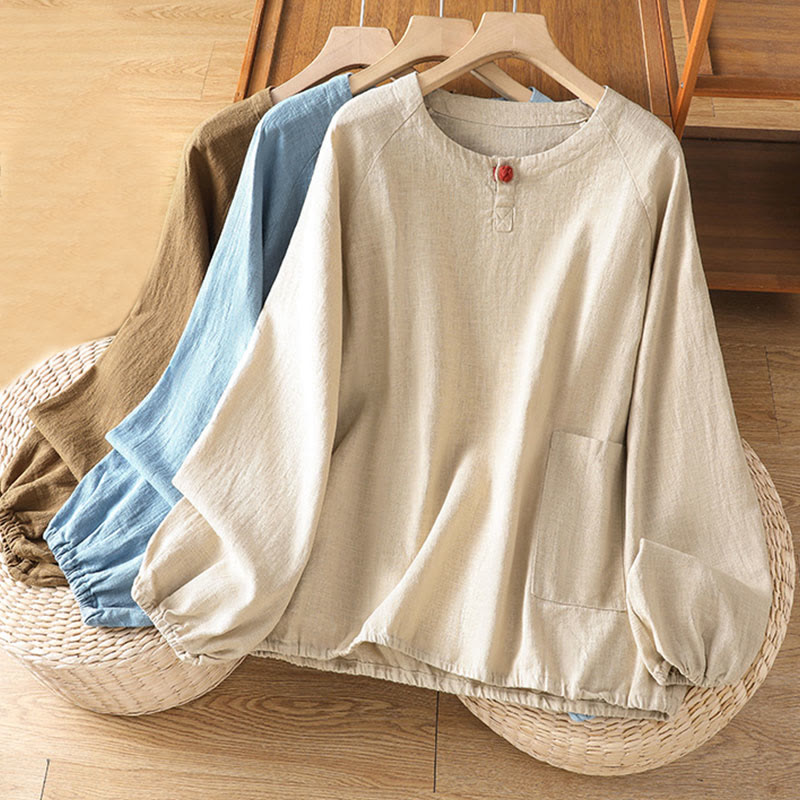 Buddha Stones Casual Plain Long Sleeve Cotton Polyester Women's Shirt
