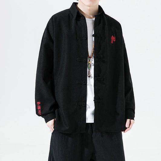 Buddha Stones Embroidery Chinese Frog-Button Design Tang Suit Men's Cotton Long Sleeve Jacket Shirt
