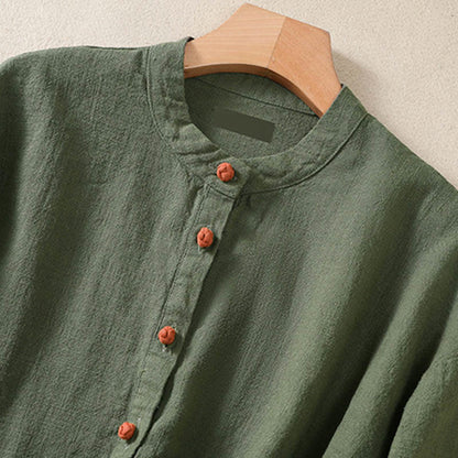 Buddha Stones Casual Buttons Crew Neck Cotton Women's Long Sleeve Shirt With Pockets