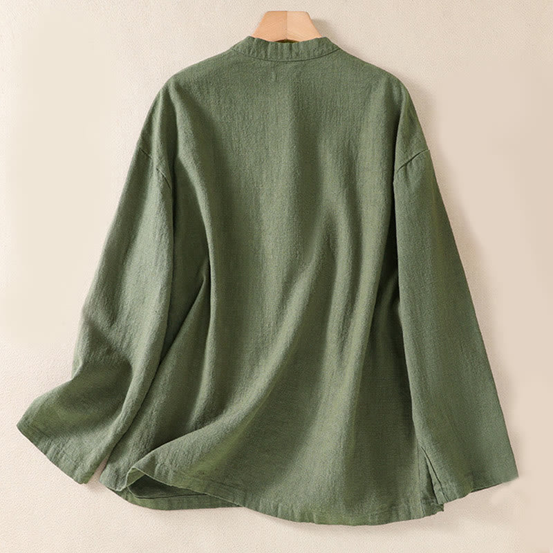 Buddha Stones Casual Buttons Crew Neck Cotton Women's Long Sleeve Shirt With Pockets