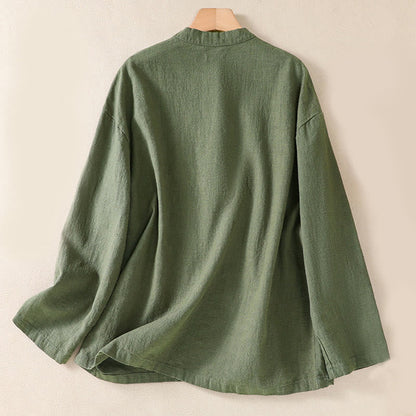 Buddha Stones Casual Buttons Crew Neck Cotton Women's Long Sleeve Shirt With Pockets
