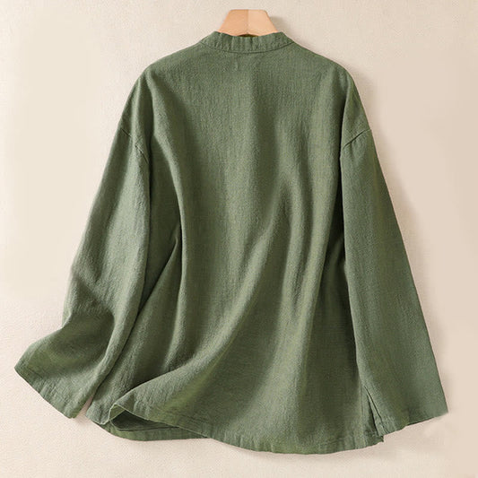 Buddha Stones Casual Buttons Crew Neck Cotton Women's Long Sleeve Shirt With Pockets