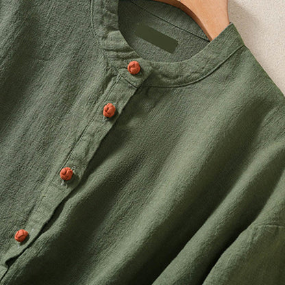 Buddha Stones Casual Buttons Crew Neck Cotton Women's Long Sleeve Shirt With Pockets