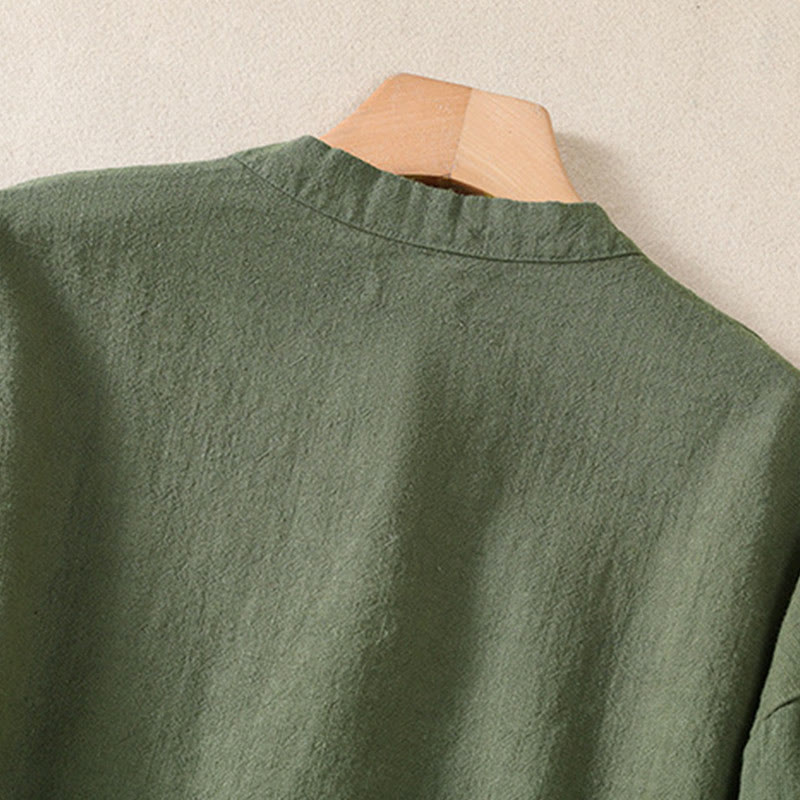 Buddha Stones Casual Buttons Crew Neck Cotton Women's Long Sleeve Shirt With Pockets