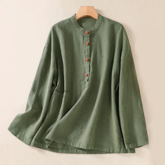 Buddha Stones Casual Buttons Crew Neck Cotton Women's Long Sleeve Shirt With Pockets