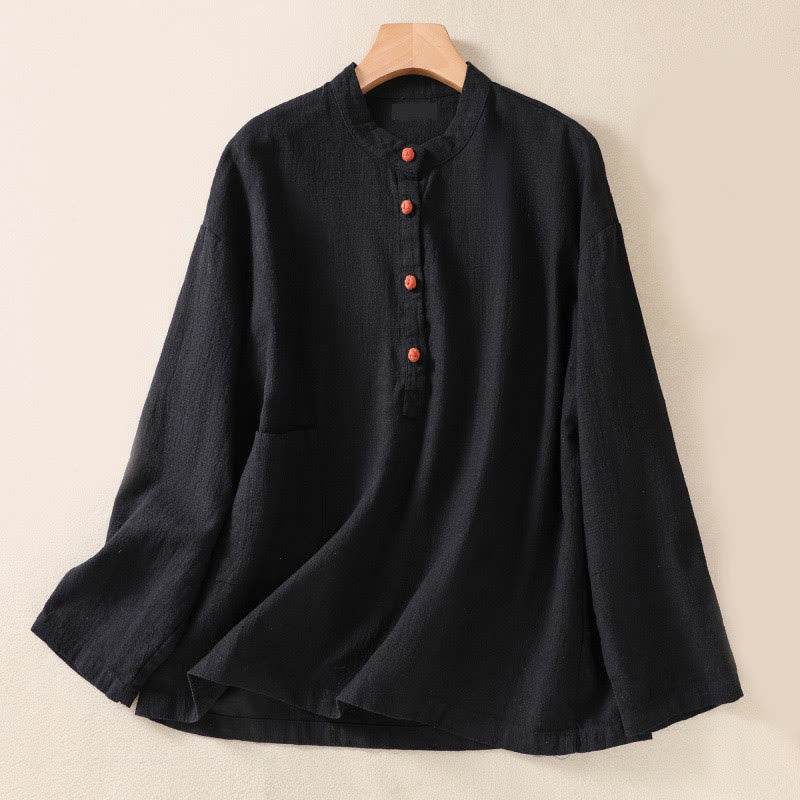 Buddha Stones Casual Buttons Crew Neck Cotton Women's Long Sleeve Shirt With Pockets
