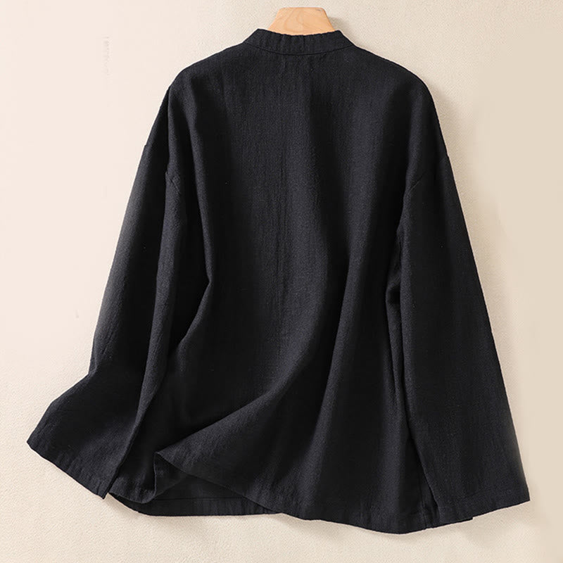 Buddha Stones Casual Buttons Crew Neck Cotton Women's Long Sleeve Shirt With Pockets