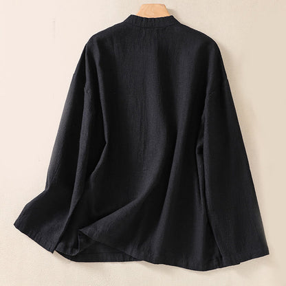 Buddha Stones Casual Buttons Crew Neck Cotton Women's Long Sleeve Shirt With Pockets