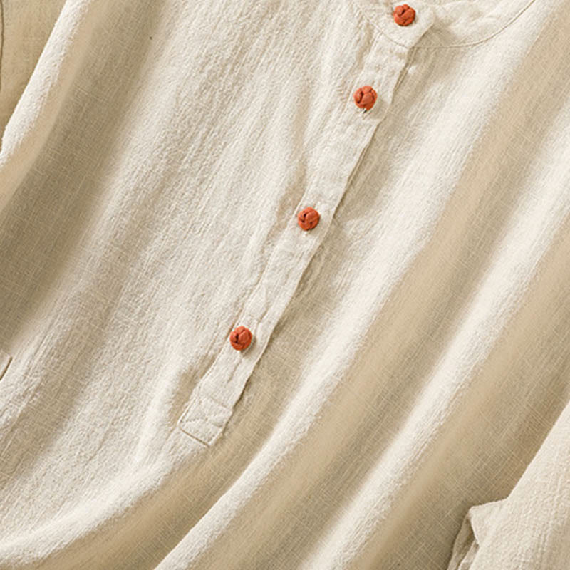 Buddha Stones Casual Buttons Crew Neck Cotton Women's Long Sleeve Shirt With Pockets