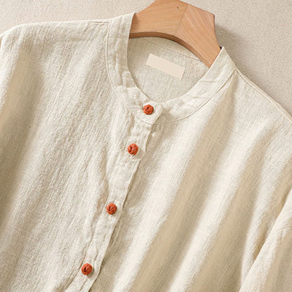 Buddha Stones Casual Buttons Crew Neck Cotton Women's Long Sleeve Shirt With Pockets