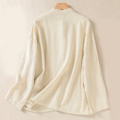Buddha Stones Casual Buttons Crew Neck Cotton Women's Long Sleeve Shirt With Pockets