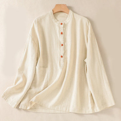 Buddha Stones Casual Buttons Crew Neck Cotton Women's Long Sleeve Shirt With Pockets
