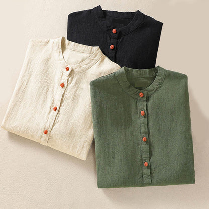 Buddha Stones Casual Buttons Crew Neck Cotton Women's Long Sleeve Shirt With Pockets