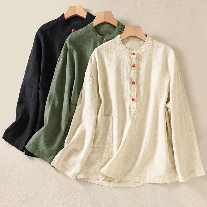 Buddha Stones Casual Buttons Crew Neck Cotton Women's Long Sleeve Shirt With Pockets