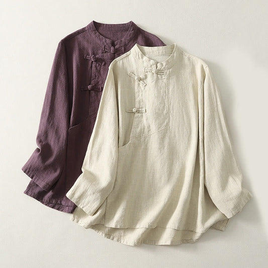 Buddha Stones Casual Plain Frog-buttons Cotton Women's Long Sleeve Shirt