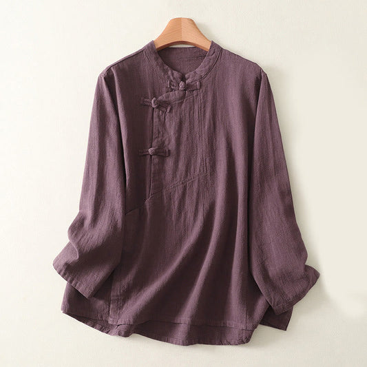 Buddha Stones Casual Plain Frog-buttons Cotton Women's Long Sleeve Shirt