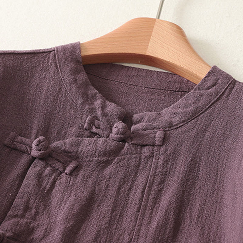 Buddha Stones Casual Plain Frog-buttons Cotton Women's Long Sleeve Shirt