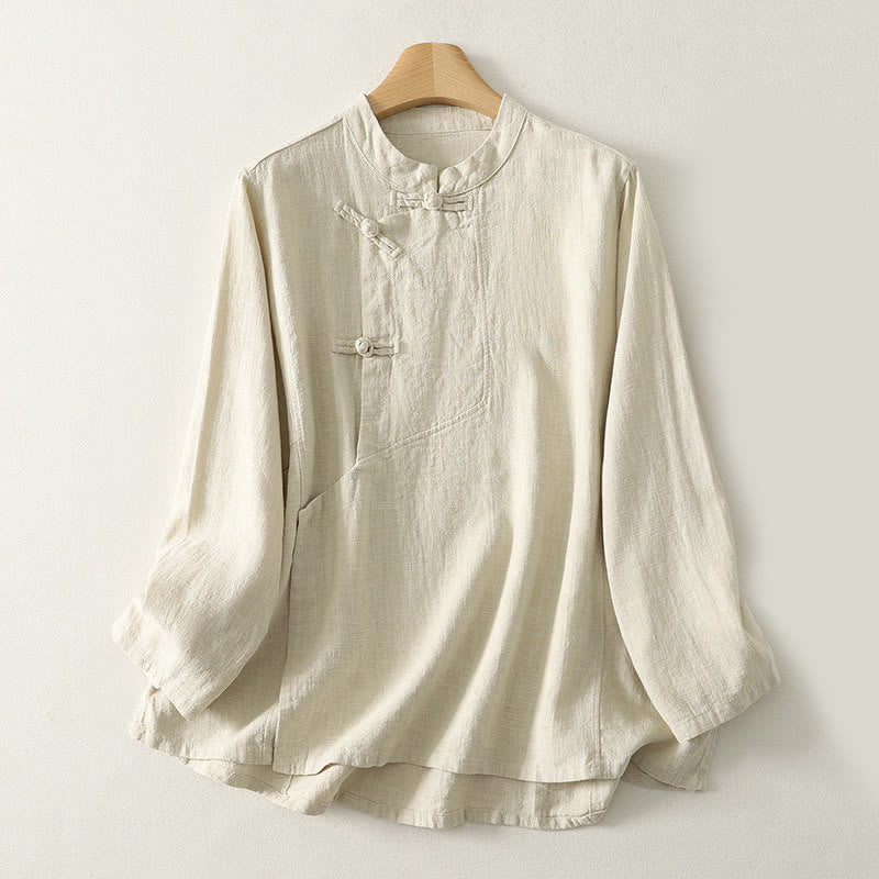 Buddha Stones Casual Plain Frog-buttons Cotton Women's Long Sleeve Shirt