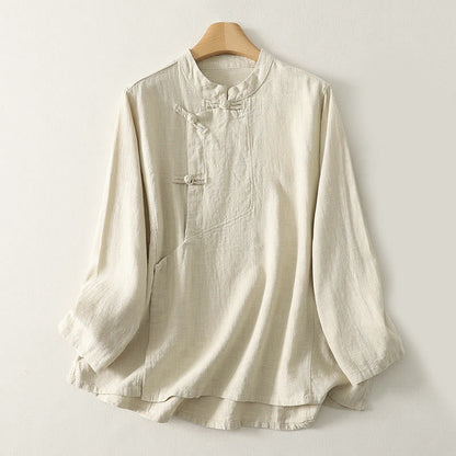 Buddha Stones Casual Plain Frog-buttons Cotton Women's Long Sleeve Shirt