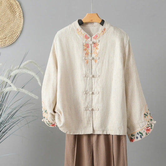 Buddha Stones Embroidery Flower Long Sleeve Frog-buttons Cotton Women's Shirt