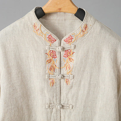 Buddha Stones Embroidery Flower Long Sleeve Frog-buttons Cotton Women's Shirt