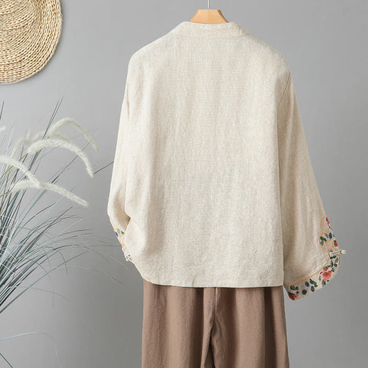 Buddha Stones Embroidery Flower Long Sleeve Frog-buttons Cotton Women's Shirt