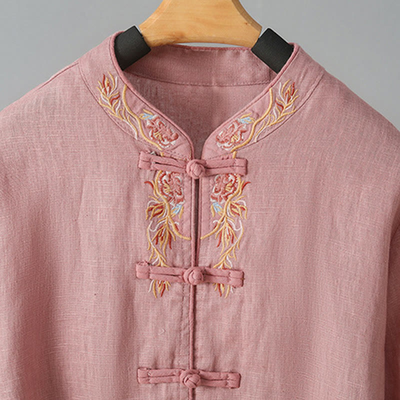 Buddha Stones Embroidery Flower Long Sleeve Frog-buttons Cotton Women's Shirt