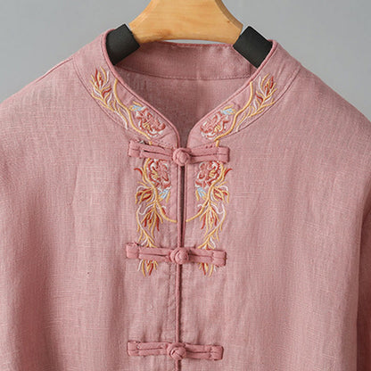Buddha Stones Embroidery Flower Long Sleeve Frog-buttons Cotton Women's Shirt