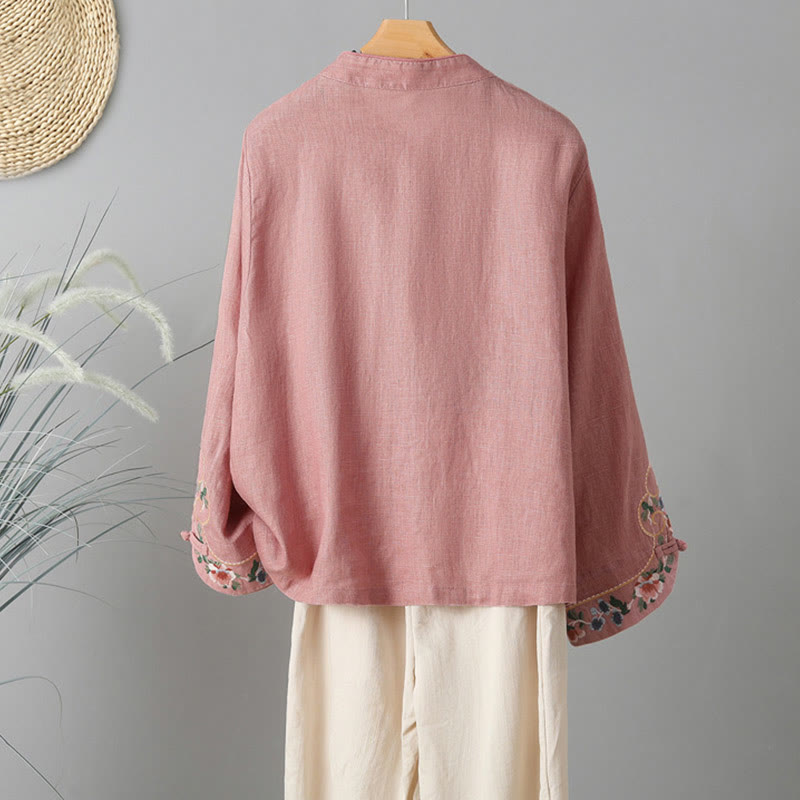 Buddha Stones Embroidery Flower Long Sleeve Frog-buttons Cotton Women's Shirt