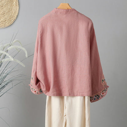 Buddha Stones Embroidery Flower Long Sleeve Frog-buttons Cotton Women's Shirt