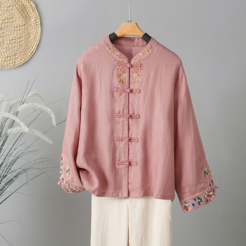 Buddha Stones Embroidery Flower Long Sleeve Frog-buttons Cotton Women's Shirt