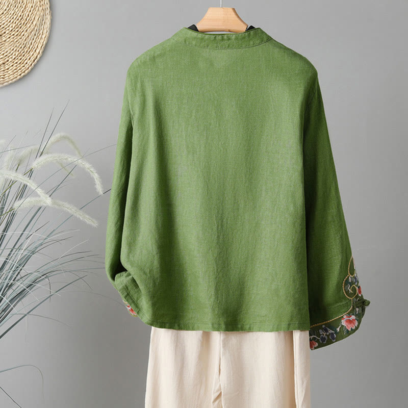 Buddha Stones Embroidery Flower Long Sleeve Frog-buttons Cotton Women's Shirt