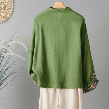 Buddha Stones Embroidery Flower Long Sleeve Frog-buttons Cotton Women's Shirt