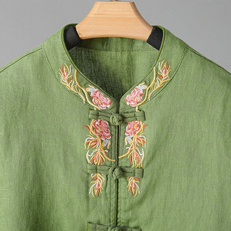 Buddha Stones Embroidery Flower Long Sleeve Frog-buttons Cotton Women's Shirt