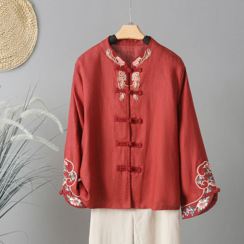 Buddha Stones Embroidery Flower Long Sleeve Frog-buttons Cotton Women's Shirt