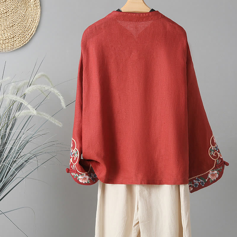 Buddha Stones Embroidery Flower Long Sleeve Frog-buttons Cotton Women's Shirt