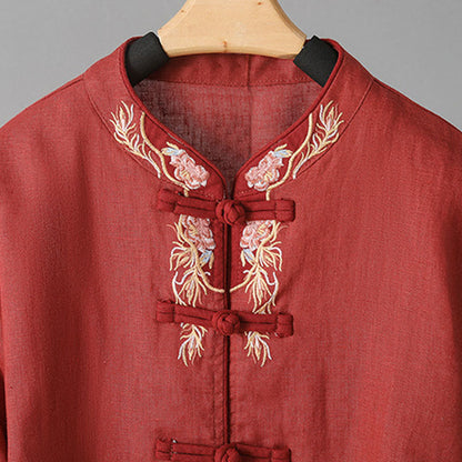 Buddha Stones Embroidery Flower Long Sleeve Frog-buttons Cotton Women's Shirt