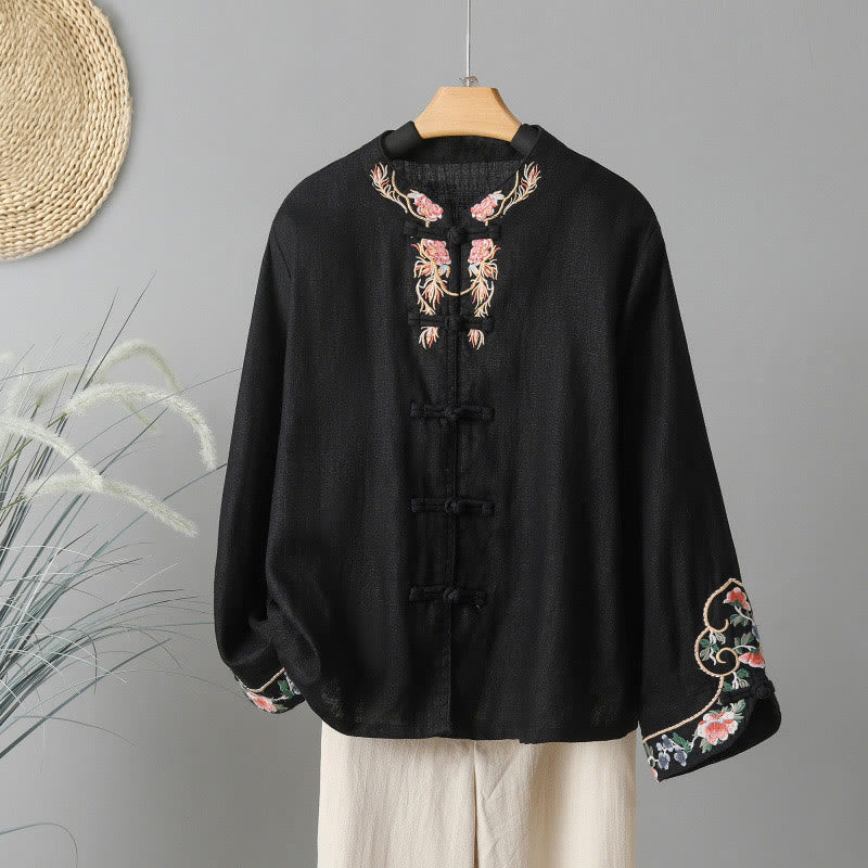 Buddha Stones Embroidery Flower Long Sleeve Frog-buttons Cotton Women's Shirt